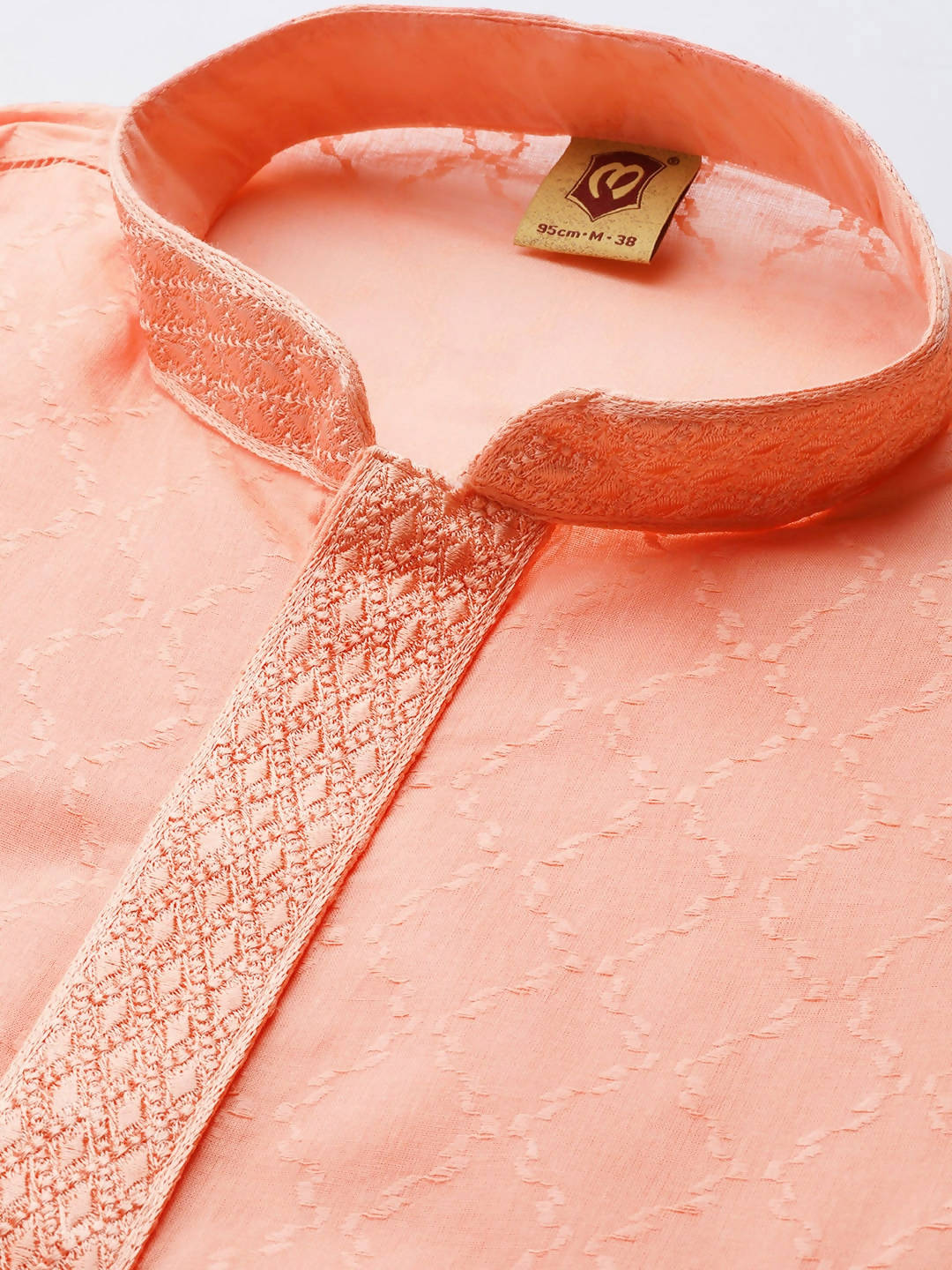 Men Peach-Coloured & White Self Design Kurta with Churidar - Manyavar