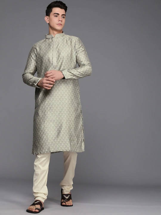 Men Grey Jacquard Kurta with Churidar - Manyavar