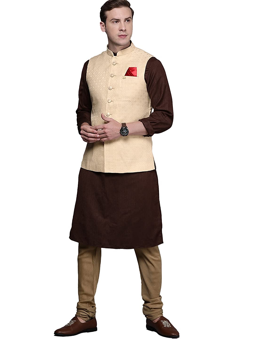 Beige Jacquard Print Stylish Nehru Jacket for Men - Manyavar