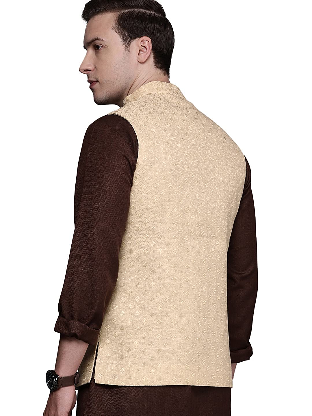 Beige Jacquard Print Stylish Nehru Jacket for Men - Manyavar