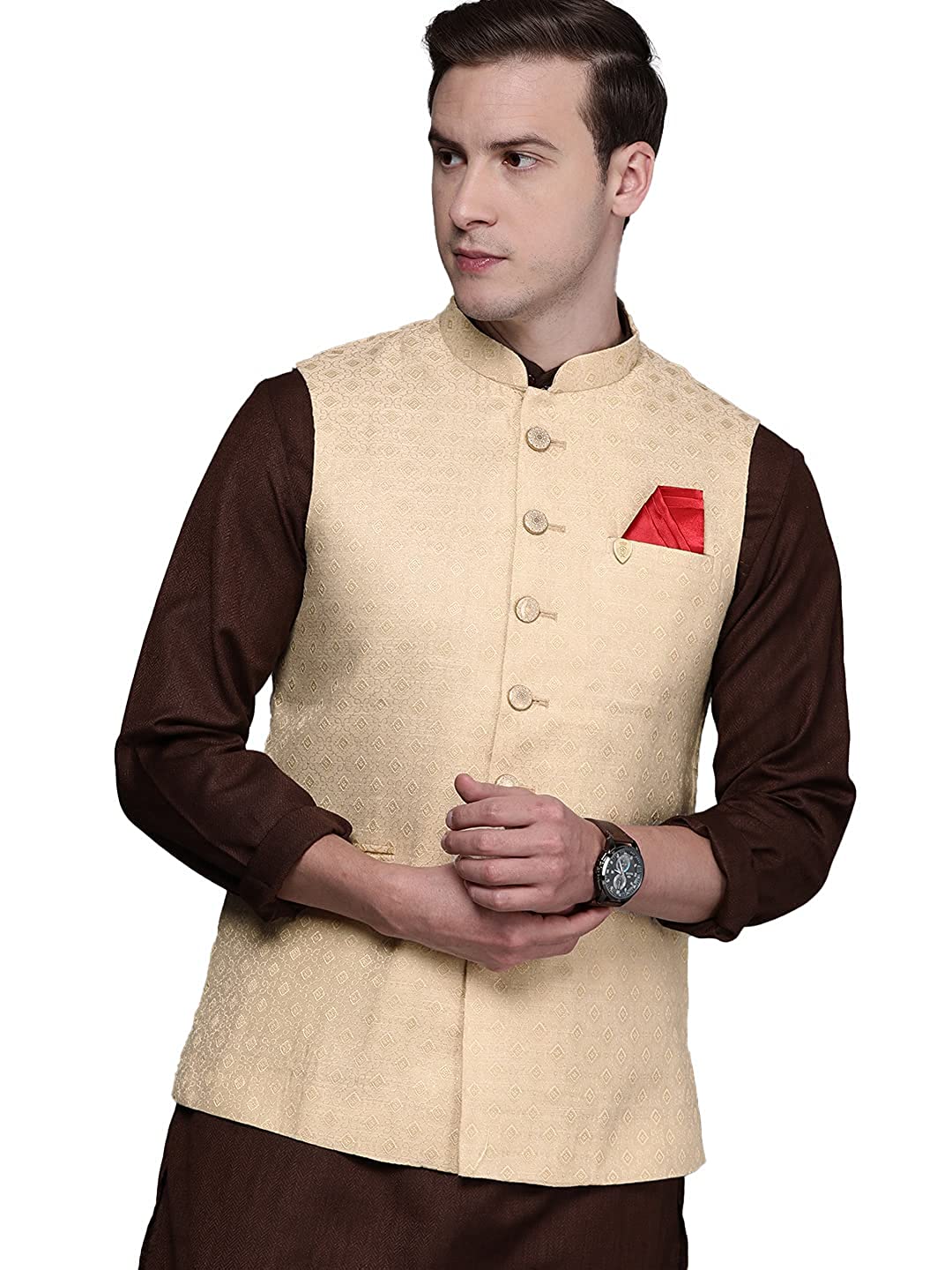 Beige Jacquard Print Stylish Nehru Jacket for Men - Manyavar