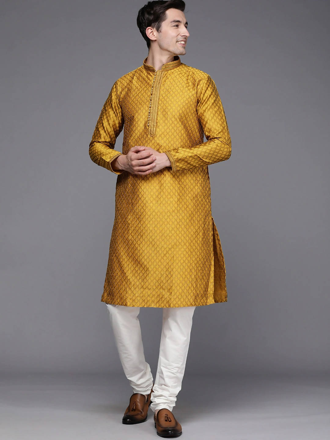 Men Mustard Yellow Ethnic Motifs Woven Design Kurta with Churidar - Manyavar