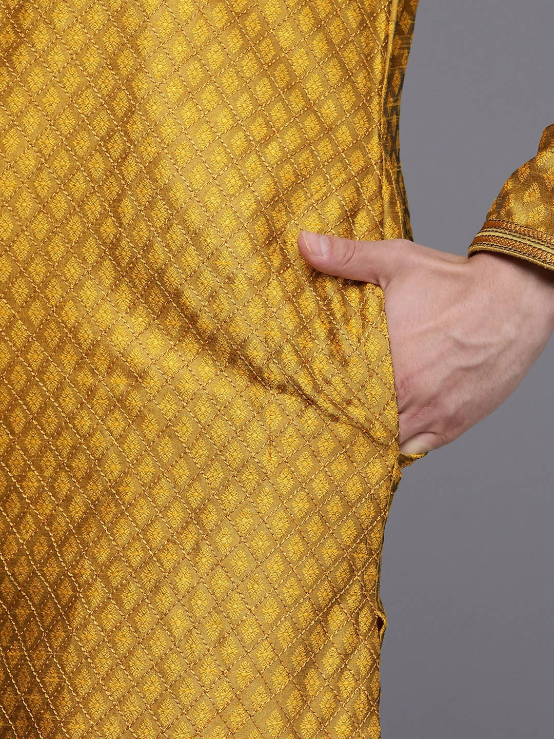 Men Mustard Yellow Ethnic Motifs Woven Design Kurta with Churidar - Manyavar