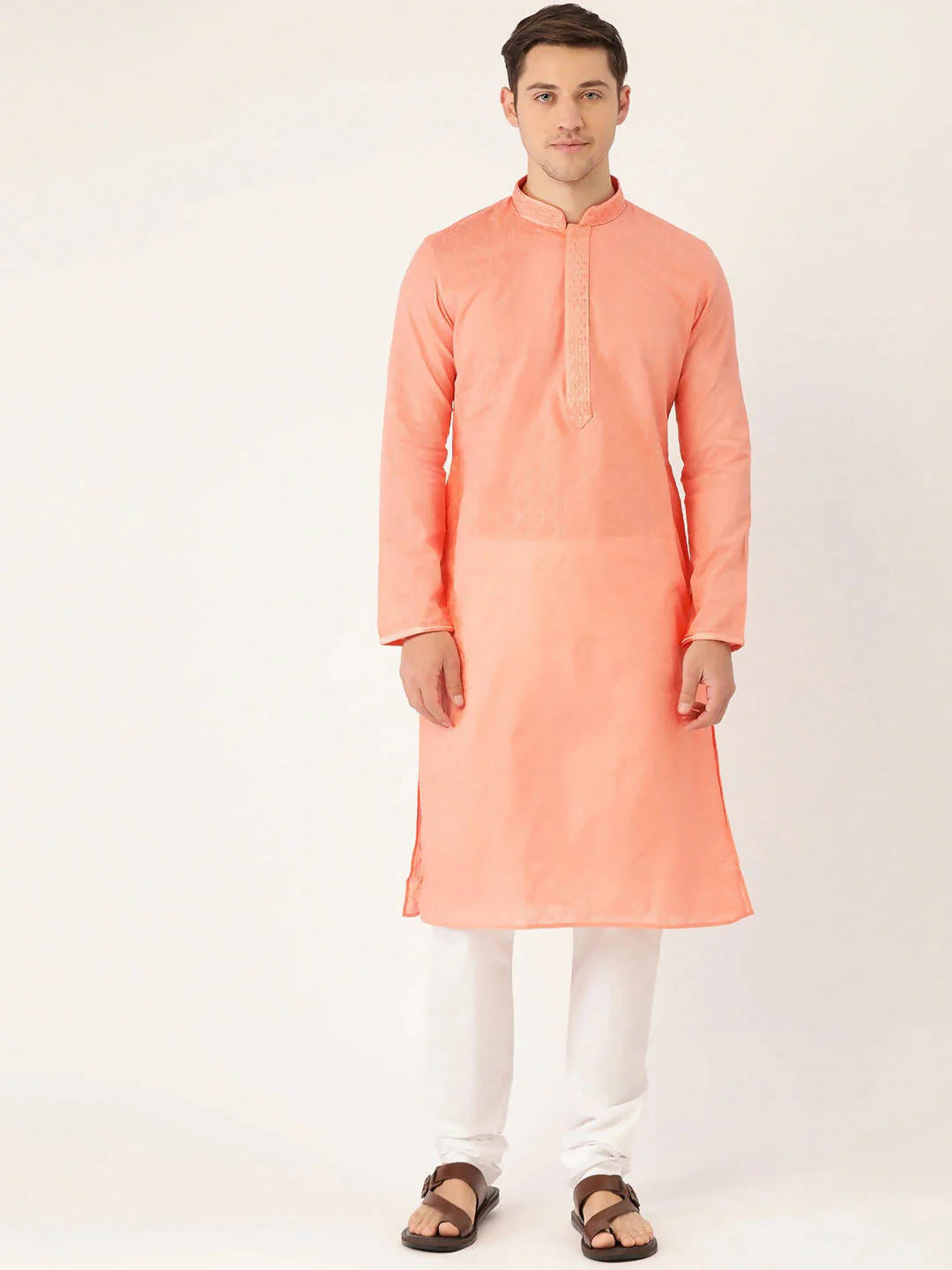 Men Peach-Coloured & White Self Design Kurta with Churidar - Manyavar