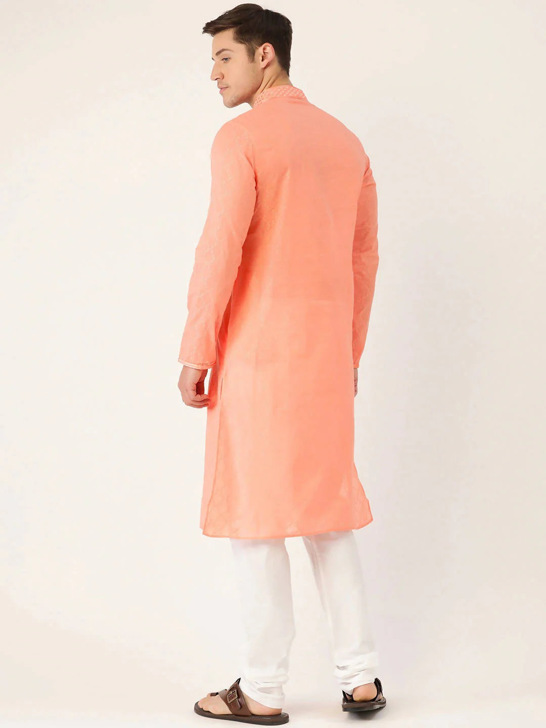 Men Peach-Coloured & White Self Design Kurta with Churidar - Manyavar