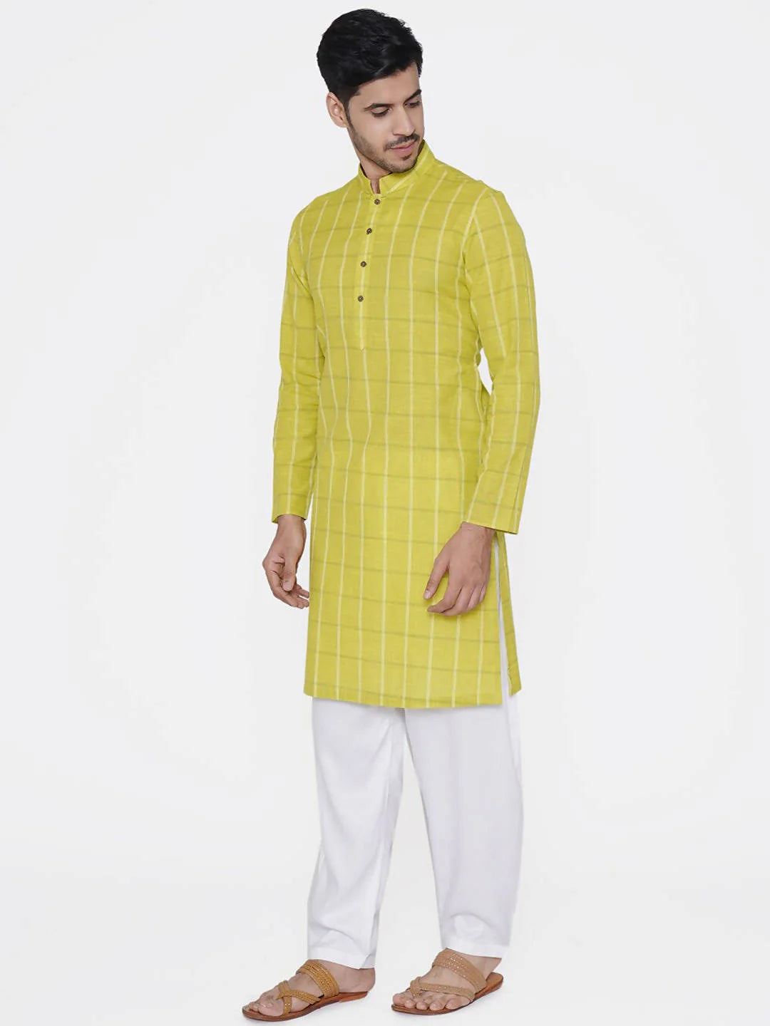 Men Lime Green & White Checked Straight Kurta - Manyavar