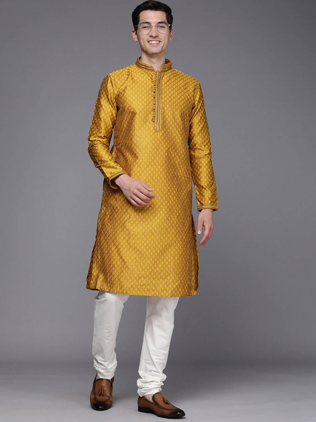 Men Mustard Yellow Ethnic Motifs Woven Design Kurta with Churidar - Manyavar