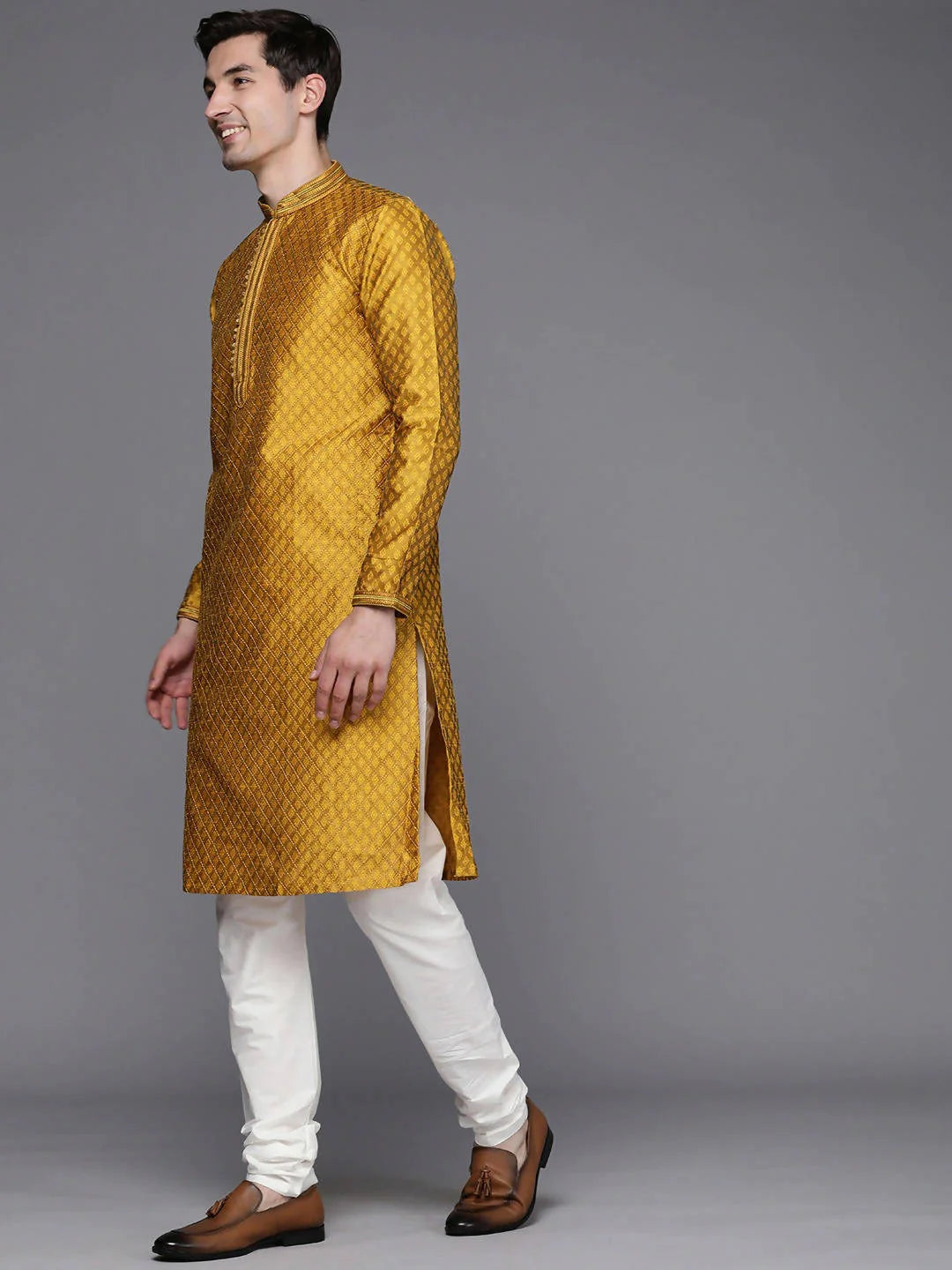 Men Mustard Yellow Ethnic Motifs Woven Design Kurta with Churidar - Manyavar