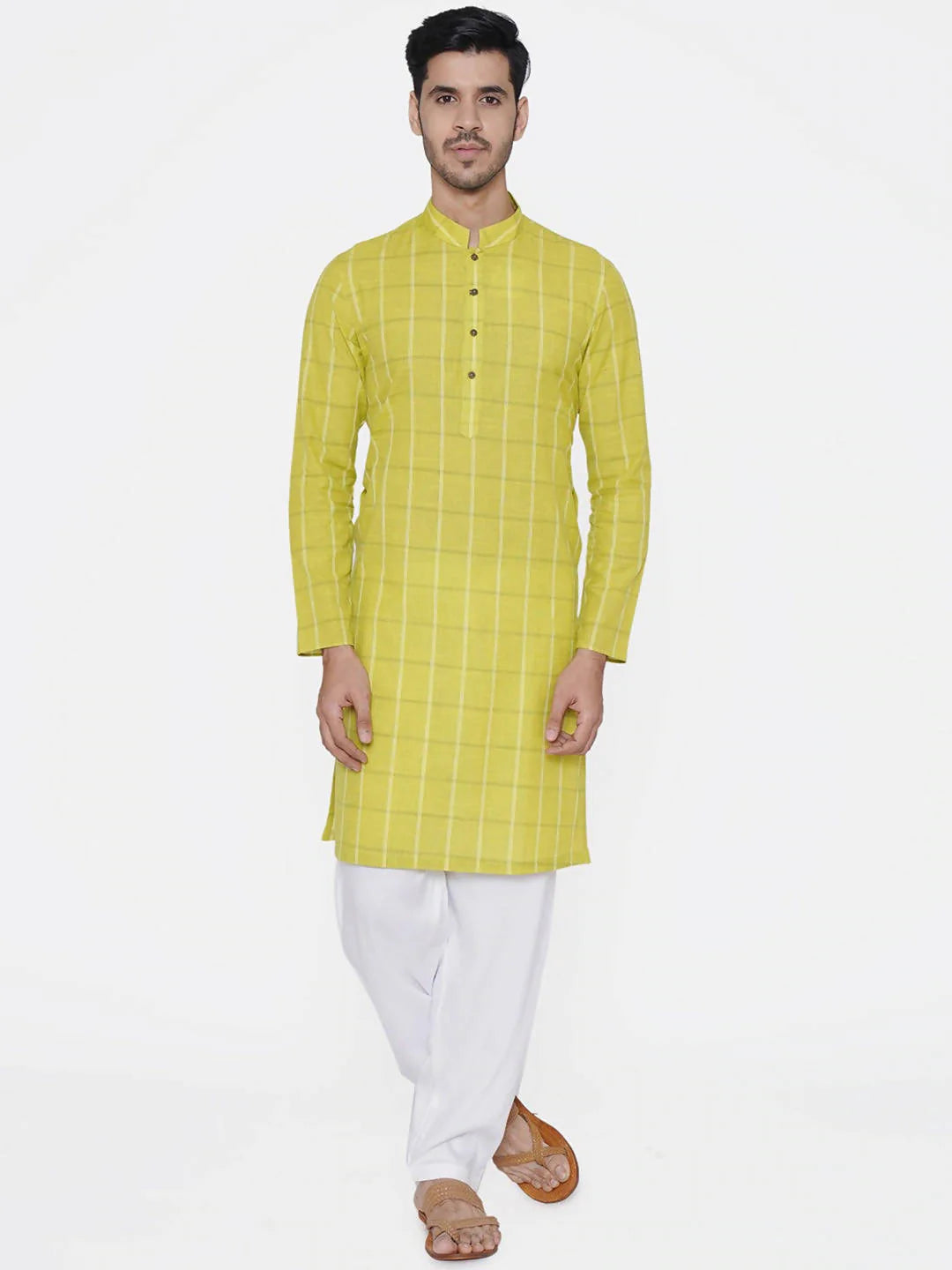 Men Lime Green & White Checked Straight Kurta - Manyavar