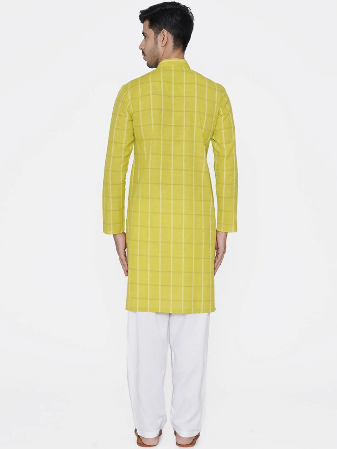 Men Lime Green & White Checked Straight Kurta - Manyavar