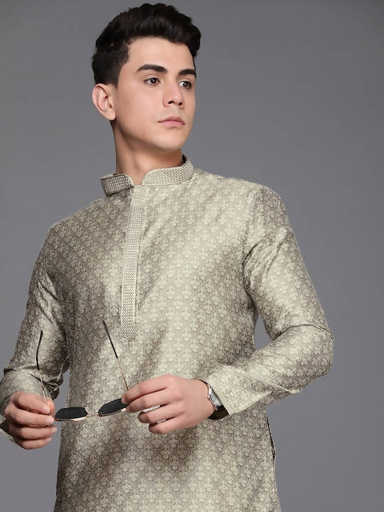 Men Grey Jacquard Kurta with Churidar - Manyavar