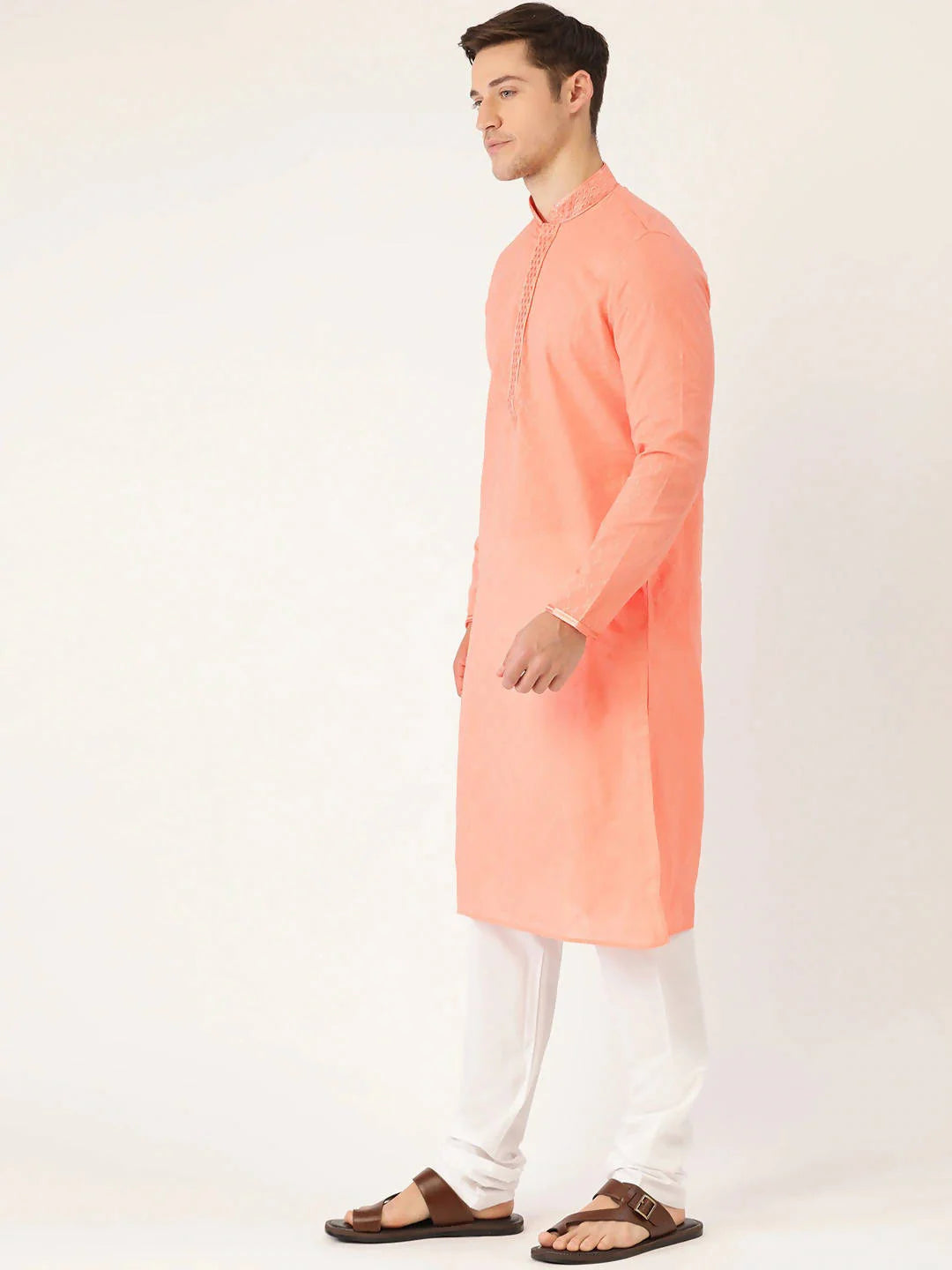 Men Peach-Coloured & White Self Design Kurta with Churidar - Manyavar
