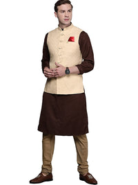Beige Jacquard Print Stylish Nehru Jacket for Men - Manyavar