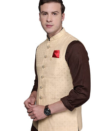 Beige Jacquard Print Stylish Nehru Jacket for Men - Manyavar