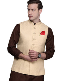 Beige Jacquard Print Stylish Nehru Jacket for Men - Manyavar