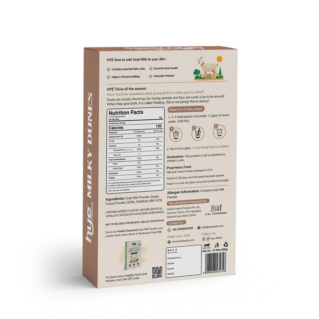 Hye Foods Milky Dunes Goat Milk Powder - Chocolate Flavour - 360 gms