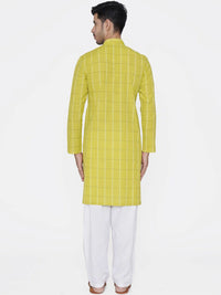 Men Lime Green & White Checked Straight Kurta - Manyavar